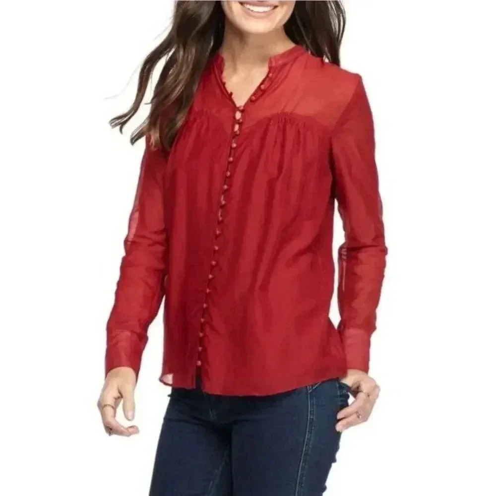 Free People Red Button Down shirt size L  cotton/silk blend